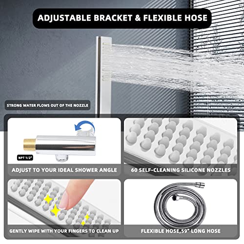Solid Brass Handheld Shower Head Arc Design High Pressure Polished Chrome Hand Shower Wand with Adjustable Supply Elbow Wall Connector Shower Holder and 59″ Stainless Steel Hose Set - color: Polished Chrome