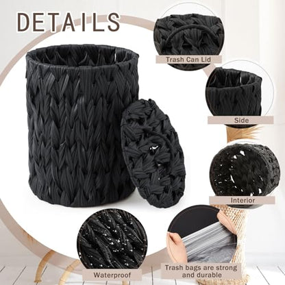 Ctosree 1.3 Gal Boho Woven Trash Can with Lid, Black | Braided polypropylene waste basket with handle and 100 garbage bags for bathroom, bedroom, office, or laundry. - color: Black, style: Braided Polypropylene