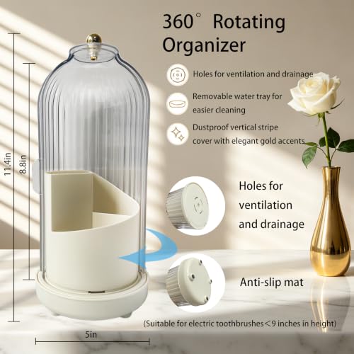 Dustproof Toothbrush Holders with Cover, Rotating Drainage Electric Toothbrush Organizer for Bathroom, 3 Slots Makeup Brush Holder with Sliding Lid for Vanity (Cream White) - color: Cream White