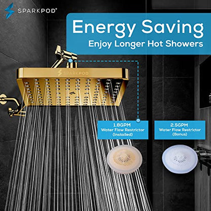 SparkPod Rain Shower Head, 8 Inch Square, Egyptian Gold Finish | High Pressure Shower Heads, 90 Nozzles, Adjustable Showerhead, No Tools Needed, Universal Connection - color: Egyptian Gold, style: 8 Inch Square