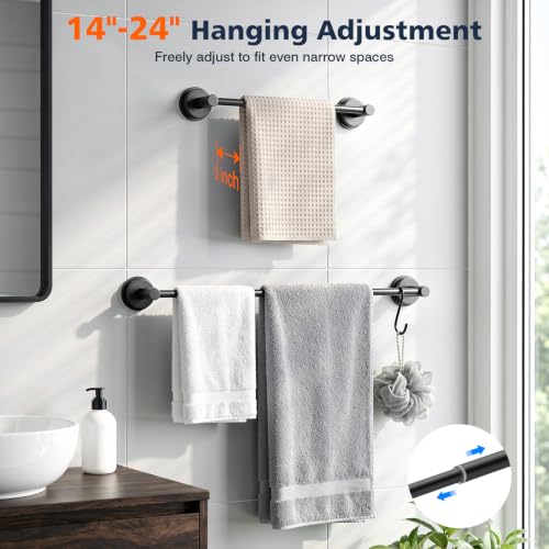 Luxspire Suction Cup Towel Bar No-Drill, Towel Rack 14-24 inch, Black | Adjustable 14-24 inch, rustproof stainless steel rack, Heavy-duty wall mounted holder for Smooth Surface & bathroom wall - color: Black