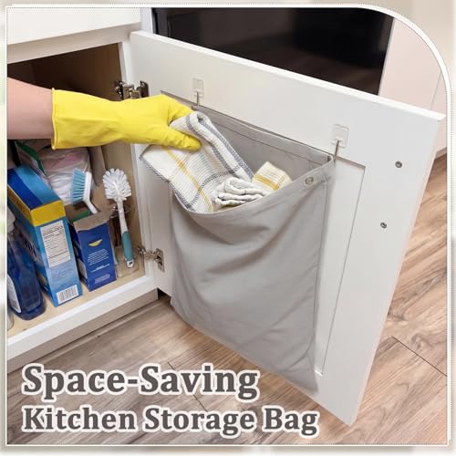 Tingjoo 2 Pack Reusable Dirty Rag Storage Bag Grey Cotton Dish Towel Cloth Bag with Hooks Hanging Kitchen Dish Rag Holder for Cabinet Door Organizer and Kitchen Laundry Room Bathroom Storage