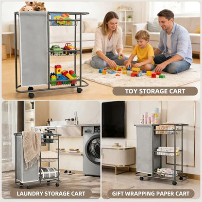 Rolling Laundry Sorter with 3 Storage Baskets and 45 L Bag, 3-Tier Laundry Caddy Between Washer and Dryer,Laundry Room Organization with Wheels and Handle for Narrow Space Bathroom Apartment Dorm | 3-Tier Laundry Caddy, Between Washer and Dryer, With Whee