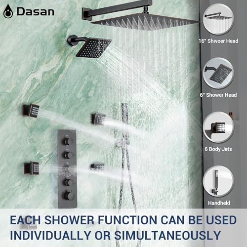 Dasan Thermostatic Dual Shower System with 6 Body Jets, 6-Inch Shower & 16” Rainfall Shower, Luxury Oil Rubbed Bronze Shower Faucet Set Rain Shower System for Couples/2-Person - color: Oil Rubbed Bronze