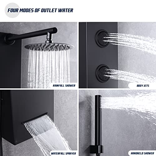 Achelous Round Rainfall Shower Head Panel System with Thermostatic,Stainless Steel High Pressure Turbo Body Jets Waterfall Shower Tower,Brass Handheld Wand in Matte Black - style: Round