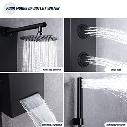 Achelous Round Rainfall Shower Head Panel System with Thermostatic,Stainless Steel High Pressure Turbo Body Jets Waterfall Shower Tower,Brass Handheld Wand in Matte Black - style: Round