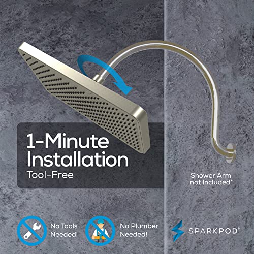 SparkPod 12 Inch Rectangle Rain Shower Head - Ceiling or Wall Mount Rainfall Shower Head - Large Coverage Showerhead - Brass Ball Joint with 360° Adjustment - 1-Min Install (Elegant Brushed Nickel) - color: 2 - Elegant Brushed Nickel 12 Inch Rectangle, st