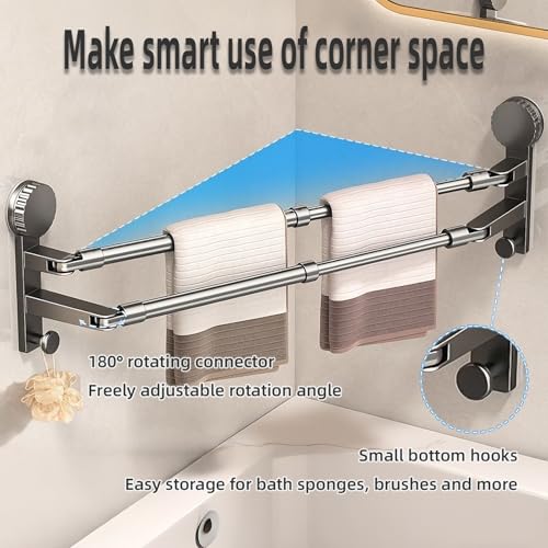 Adjustable Suction Cup Towel Rack for Corner & Right Angle Spaces, No Drilling Bathroom Towel Bar with Vacuum Suction, Rustproof Stainless Steel (Two Adjustable rods（13.8-23.2inches）) - size: Two adjustable rods（13.8-23.2inches）