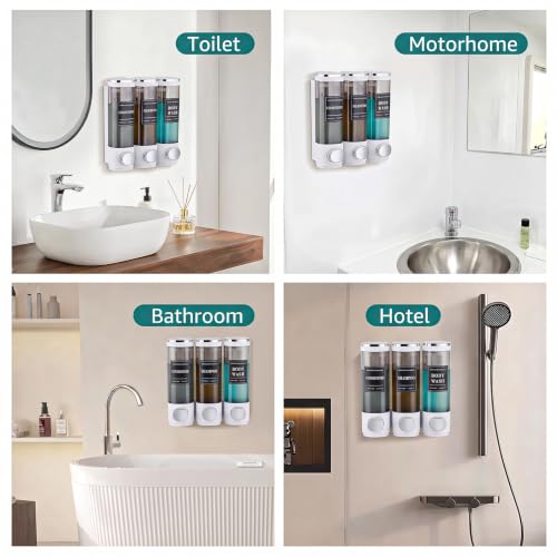 Shower Soap Dispenser 3-Chamber Wall Mount Shampoo Dispenser, White | Latch design No Drill Shampoo and Conditioner Dispenser for Bathroom Hotel, Durable ABS Material Large Capacity - color: 3white