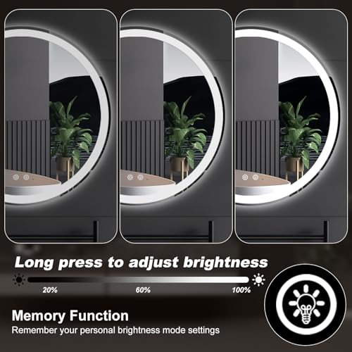 Sweetcrispy 24 Inch Round LED Bathroom Mirror with Lights, Circle Vanity Mirror with Anti-Fog, Dimmable, 3-Color Light, Memory Function, Tempered Glass