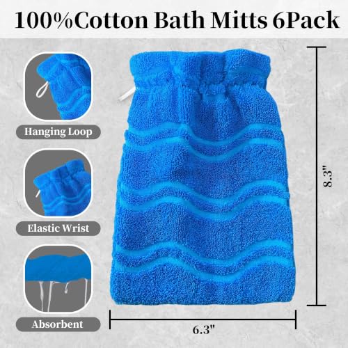 VOOVA & MOVAS Wash Gloves 6 Pack Blue Jacquard,European Style with Loop | Body Wash Gloves, Gentle Texture, Durable Cotton Fabric, Ideal for Face Care, Shower and Home Use. - color: Jacquard-blue Wave, size: 6PC Bath Mitts