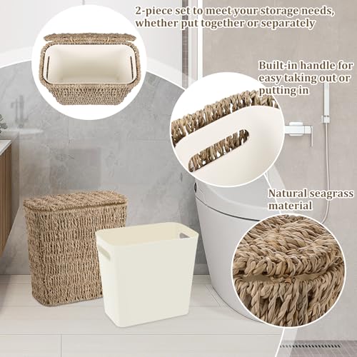 Wicker Waste Basket with Lid and Liner, Woven Seagrass Trash Can, Bathroom Trash Can, Boho Garbage Wastebasket for Bedroom Home Living Room Office Kitchen, 2.5 Gallon - color: Seagrass