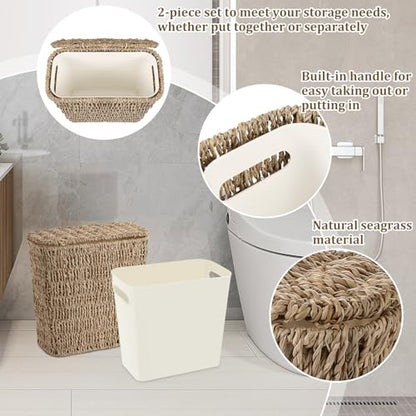 Wicker Waste Basket with Lid and Liner, Woven Seagrass Trash Can, Bathroom Trash Can, Boho Garbage Wastebasket for Bedroom Home Living Room Office Kitchen, 2.5 Gallon - color: Seagrass