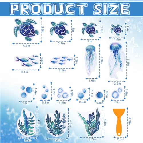 JarThenaAMCS 24 Pcs Turtle Non Slip Bathtub Sticker with Scraper Gradient Blue Anti Slip Shower Tread Adhesive Ocean Animal Shower Decal for Bathroom Floor Decoration