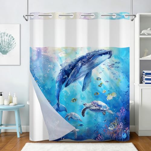 Ocean No Hook Shower Curtain and Liner Set, Whale and Turtles Design Shower Curtain with Snap in Liner and Weighted Hem, 71x74 Inch Heavy Duty Waterproof Fabric Sheer Top Shower Curtain for Bathroom - color: Whales and Turtles