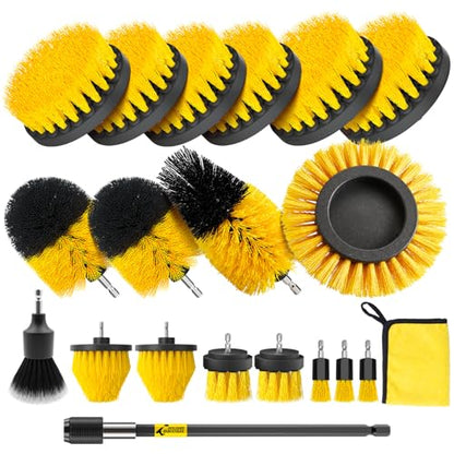 Holikme 20 Pack Drill Brush Set with Soft Detail Brush and Cleaning Cloth | 1 extension rod, 1/4-inch quick-change shaft,Power scrubber cleaning kit for Tile, Floors, Grout, Tub, Car Detailing