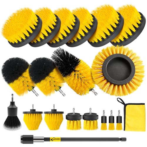 Holikme 20 Pack Drill Brush Set with Soft Detail Brush and Cleaning Cloth | 1 extension rod, 1/4-inch quick-change shaft,Power scrubber cleaning kit for Tile, Floors, Grout, Tub, Car Detailing