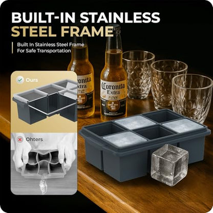 Large Ice Cube Trays for Whiskey, Silicone Ice Cube Tray, with Reinforced Steel Ring Top, Makes 12 perfect 2-in ice cubes, Square Ice Tray for Cocktails, Whiskey, Coffee. (2 Pack) - color: Gray