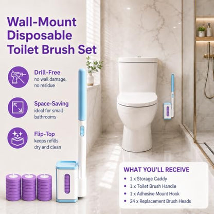 Disposable Toilet Bowl Cleaner Wand with Holder Set, Wall-Mounted | Hands Free Toilet Scrubber Wand, Bathroom Cleaning Supplies, 1 Wand and Holder with 24 Purple Refills, Light Lavender Scent