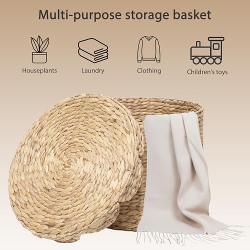 Large Round Water hyacinth Wicker Laundry hamper basket with lid | Eco-friendly,Handwoven,Natural Storage for Toys,Blankets,Dirty Clothes - Bedroom & Bathroom - size: Large