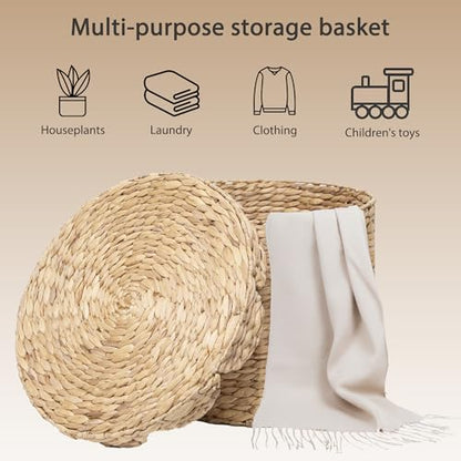 Large Round Water hyacinth Wicker Laundry hamper basket with lid | Eco-friendly,Handwoven,Natural Storage for Toys,Blankets,Dirty Clothes - Bedroom & Bathroom - size: Large