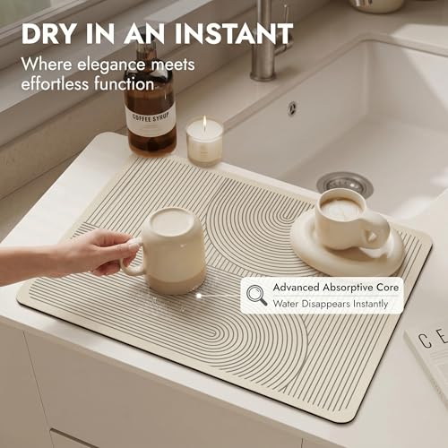 Super Absorbent & Non-Slip Geometric Rubber-Diatomite Drying Mat - Durable, Quick-Dry Kitchen and Bathroom Countertop Pad for Coffee Machines, Spices, and Essentials, Kitchen Countertop Mat