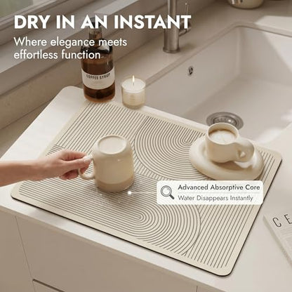 Super Absorbent & Non-Slip Geometric Rubber-Diatomite Drying Mat - Durable, Quick-Dry Kitchen and Bathroom Countertop Pad for Coffee Machines, Spices, and Essentials, Kitchen Countertop Mat