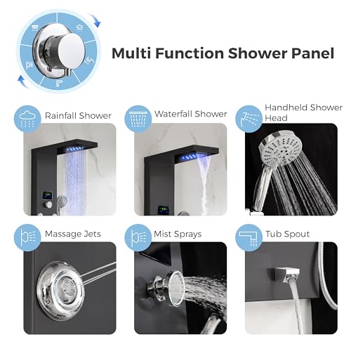 DELAVIN LED Stainless Steel Shower Tower, 5-Function Shower Panel Tower | Temperature Display, with Rainfall Waterfall Shower Head, Massage Body Jets, Tub Spout, Handheld Shower, Brushed Black - color: Brushed Black, style: 8 Body Jets With LED