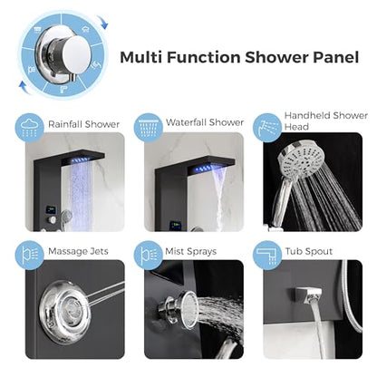 DELAVIN LED Stainless Steel Shower Tower, 5-Function Shower Panel Tower | Temperature Display, with Rainfall Waterfall Shower Head, Massage Body Jets, Tub Spout, Handheld Shower, Brushed Black - color: Brushed Black, style: 8 Body Jets With LED