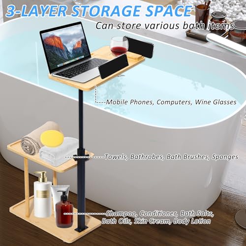 3 Layer Bath Tub Tray Table Liftable Freestanding Bamboo Bath Tray Caddy for Tub Against Wall Shelf Bathroom Organizer Shelf for Luxury Spa (Square) - color: Square