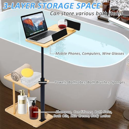 3 Layer Bath Tub Tray Table Liftable Freestanding Bamboo Bath Tray Caddy for Tub Against Wall Shelf Bathroom Organizer Shelf for Luxury Spa (Square) - color: Square