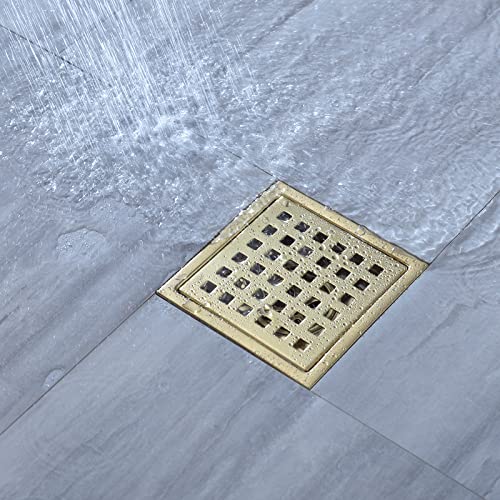 TRUSTMI Shower Drain with Base Flange 4 Inch Square Floor Drain with Flat or Tile Insert Grid Patten Grate Cover of SUS 304 Stainless Steel, Threaded Adapter Adjustable Drain Strainer, Brushed Gold