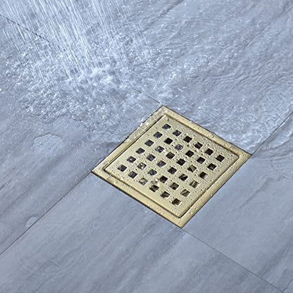 TRUSTMI Shower Drain with Base Flange 4 Inch Square Floor Drain with Flat or Tile Insert Grid Patten Grate Cover of SUS 304 Stainless Steel, Threaded Adapter Adjustable Drain Strainer, Brushed Gold