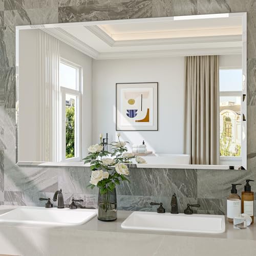 Frameless Bathroom Mirror, 48" x 30" Beveled Wall Mirror | 5mm HD glass, 20mm beveled edge, frameless, anti-rust, shatterproof, french cleat, horizontally or vertically - size: 48"L x 30"W