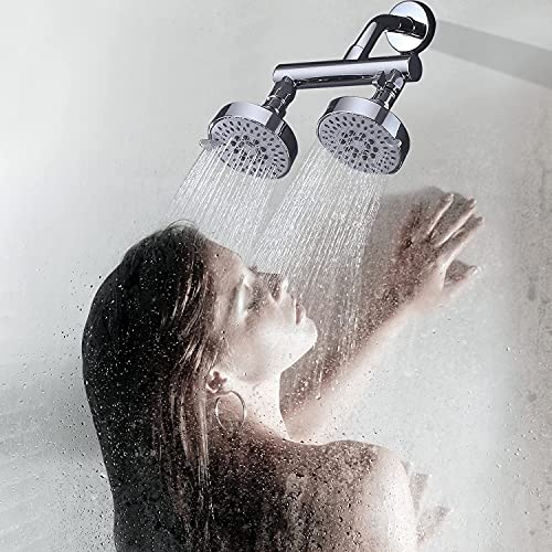 AZOS Double Shower Head with Shut-Off Valve, Bathathroom High Pressure Dual Fixed Rain Shower Head Combo with Brass Dual Outlet Manifold, Adjustable 5 Function Showerhead Chrome - color: Chrome