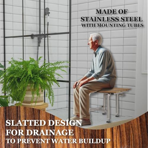 Teak Shower Seat with Legs - Folding Wall Mount Bench for Inside Shower / Bathroom Safety Assist / 304 Stainless Steel & Hardwood / Left / 26" x 21" - size: 26 Left