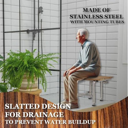 Teak Shower Seat with Legs - Folding Wall Mount Bench for Inside Shower / Bathroom Safety Assist / 304 Stainless Steel & Hardwood / Left / 26" x 21" - size: 26 Left