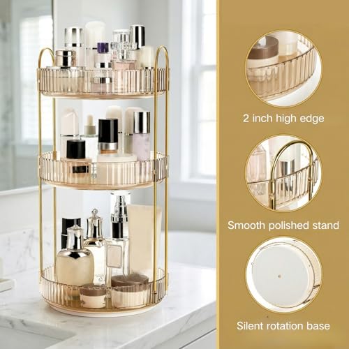 Cididu 360 Rotating Makeup Organizer, 3 Tiers Plastic Bathroom Spinning Holder Rack, Round Lazy Susan Organizer, Large Capacity Countertop Shelf for Cosmetics, Perfume, Skincare, Spice, Toiletries