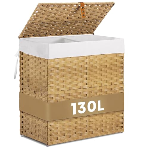 Wicker Laundry Hamper with Lid,34 Gal(130 L) Rattan Laundry Basket 2 Sections with Lid, Removable Machine Washable Line, Large Clothes Hamper with Handles for Bathroom Bedroom, Yellow - color: Yellow, size: 130L