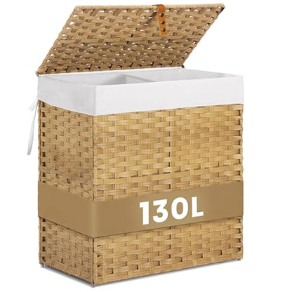 Wicker Laundry Hamper with Lid,34 Gal(130 L) Rattan Laundry Basket 2 Sections with Lid, Removable Machine Washable Line, Large Clothes Hamper with Handles for Bathroom Bedroom, Yellow - color: Yellow, size: 130L
