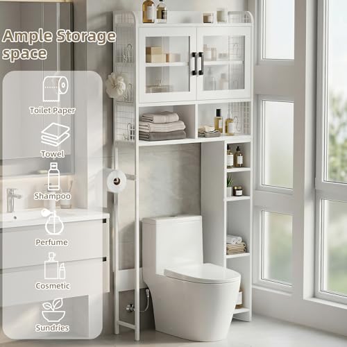 DHZ Over the Toilet Storage Cabinet, 65.55" H Bathroom Space Saver Organizer, 6 Movable Hooks & Paper Holder, Toilet Shelf for Restroom, Laundry, White