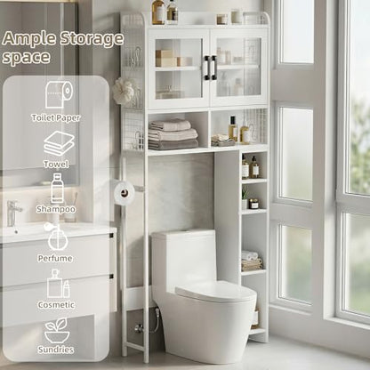 DHZ Over the Toilet Storage Cabinet, 65.55" H Bathroom Space Saver Organizer, 6 Movable Hooks & Paper Holder, Toilet Shelf for Restroom, Laundry, White