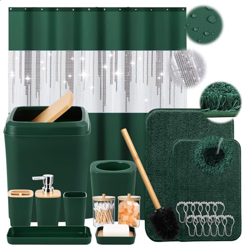 XLHOMO Dark Green Bathroom Sets with Shower Curtain and Rugs,Bathroom Sets Shower Curtain Set with Extra Soft and Absorbent Bathroom Rugs Green Bathroom Accessories - size: Bath Set+Shower Curtain+Bath Rugs, style: Dark Green