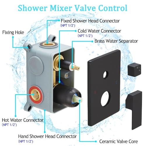 Shower Faucet Set Rain Shower System Matte Black with High Pressure 8-Inch Shower Head Handheld Square Shower Head Bathroom Luxury Rain Shower Faucet Shower Complete Combo Kit Wall Mounted - color: Matte Black, style: 8"- 2 Function