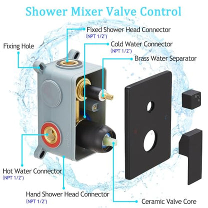Shower Faucet Set Rain Shower System Matte Black with High Pressure 8-Inch Shower Head Handheld Square Shower Head Bathroom Luxury Rain Shower Faucet Shower Complete Combo Kit Wall Mounted - color: Matte Black, style: 8"- 2 Function