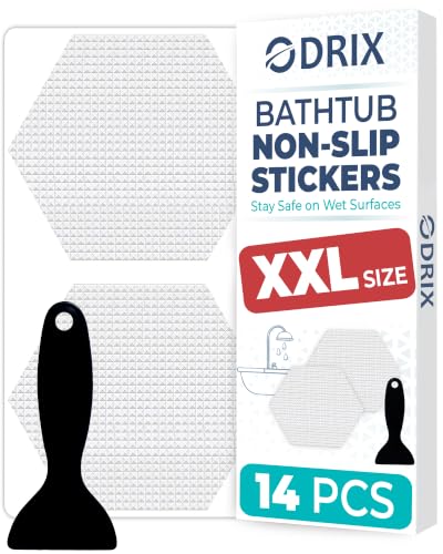 Anti-Slip Shower Stickers 4" Hex, 14 Pack Clear PEVA - Larger Coverage Per Sticker for Bathtub & Shower Floor, Micro-Pyramid Grip, Scraper & Guide Included
