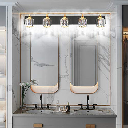 Aipsun Crystal Bathroom Vanity Light Black Vanity Lighting fixtures 5 Lights Crystal Vanity Light for Bathroom(Exclude Bulb) - color: Black Gold (Round), size: 40 inch