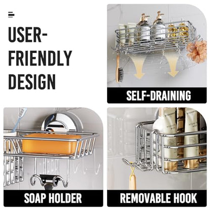 Shower Caddy Suction Cup, 2 Pack Heavy Duty Bathroom Organizer | Shower Caddy with Hooks & Soap holder, Removable Shower Storage, Rustproof Silver bathroom Holder - color: 2 X Silver Basket