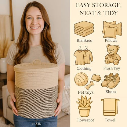 Yimi's Dream Cotton Rope Storage Basket with Lid, Brown & Black Soft Bin | Round Woven Lidded Basket for Blankets, Toys, Laundry, Nursery, Living Room, and Home Organization(11.5''D * 13.5''H) - color: 1 PACK-Brown&Black-LIDDED