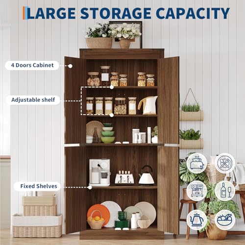 GarveeHome 71 in Tall Farmhouse Kitchen Pantry Storage Cabinet with 4 Barn Doors and Adjustable Shelves, Freestanding Rustic Wood Cupboard Storage Cabinets for Kitchen, Dining Room, Bathroom, Brown